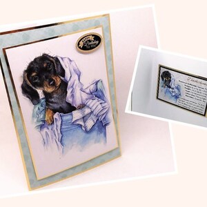 Carte d'anniversaire teckel faite main. Carte de voeux avec image et informations sur le teckel. Cadeau pour propriétaire de chien. Code : DB03