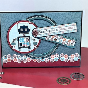 Préparez-vous pour une belle journée ! - carte de voeux faite main pour un anniversaire d'enfant ou d'homme avec un robot et des images associées, CODE : KT40