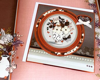 Especially For You - handmade ladies birthday card with image of flowers in a teacup. Personalised card. Vintage style card. Code: LB13