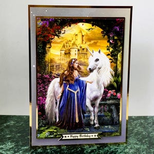 Joyeux anniversaire - Carte de voeux faite main avec l'image d'une licorne et d'une princesse, carte fantastique, carte pour enfants, anniversaire de filles