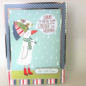 Carte de rétablissement faite main - carte de voeux avec image de gouttes de pluie, de canard et de parapluie, sous le temps, Code : GW03