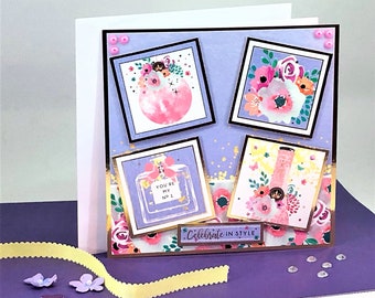Floral Birthday Card for Her | Stylish Handmade Birthday Card | Pink & Purple Flowers | 6 x 6 Card