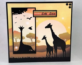 Sending Lots of Love - Handmade greetings card with giraffes image, safari card, wild animal card, Code: SA05