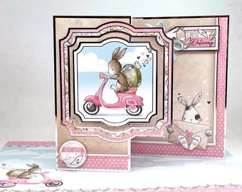 Special Delivery - Handmade Greetings Card with cute rabbit images. Sent with Love. ladies birthday. Z-fold card, different card.