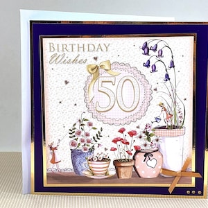 Carte de 50e anniversaire pour femme - carte de voeux faite main pour 50e anniversaire de femme, 50e anniversaire de femme, carte d'anniversaire de fleurs, Code : MA08