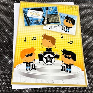 Passez un anniversaire rock - Carte de voeux faite main sur le thème du groupe - Carte d'anniversaire musique, groupe de rock batteur guitare, carte garçon