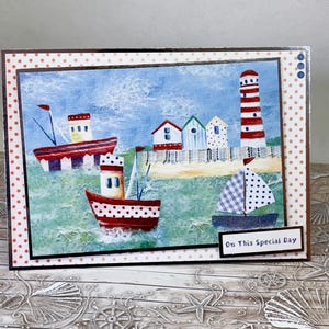 En ce jour spécial - carte de voeux faite main avec scène côtière, carte de phare, carte de bateaux, carte de voile, carte d'anniversaire pour homme ou unisexe