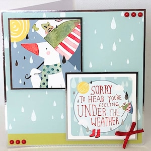 Sous la météo - carte de rétablissement faite main, carte de voeux avec gouttes de pluie, images de canard et de parapluie, Code : GW06