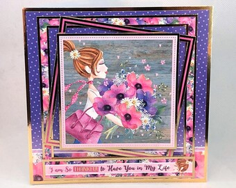 Floral Thank You Card – Handmade 3D Girl with Bouquet – Greeting Card for Birthday, Friendship, or Love