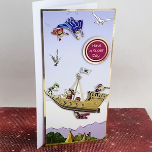 Passez une super journée ! - carte de voeux faite main pour l'anniversaire d'un garçon, avec un bateau pirate et des super-héros, carte personnalisée pour enfants. Code : KT20