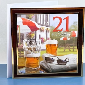 Carte de 21 ans faite main - Carte de voeux pour homme de 21 ans avec image d'un café en plein air. 21e anniversaire pour homme. Code : MA07