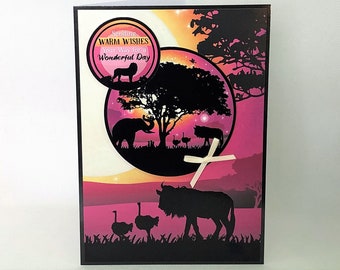 Warm Wishes - Handmade greetings card with safari animals images, wild animal card, safari card, jungle card, elephant, lion, Code: SA03