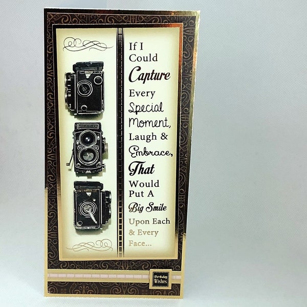 Vintage Cameras Card - Handmade birthday card with images of vintage cameras and photography quote. Vintage-look Male Card. Code: MB39