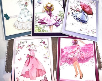 Set of 5 Handmade Cards - Dress Themed. Blank Greetings Card Pack with images of ladies and pretty dresses, all occasions, value pack