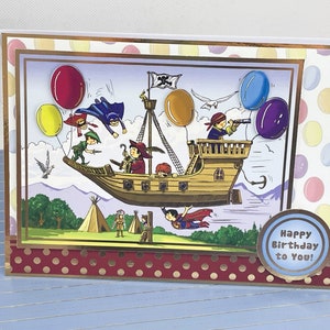 Joyeux anniversaire - carte de voeux faite main pour l'anniversaire d'un garçon, avec un bateau pirate et des super-héros, carte personnalisée pour enfants. Code : KT19