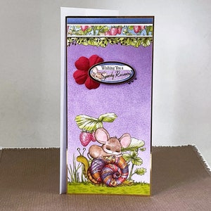 Je vous souhaite un prompt rétablissement - Carte de voeux de rétablissement faite main avec un joli escargot et une image de souris. Carte Pensez à vous. Référence : GW13