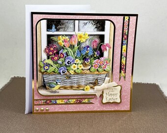 Wishing You a Very Happy Birthday - Handmade Greetings Card for Easter with image of Floral Window Box, Spring time, Easter. Code: EA03
