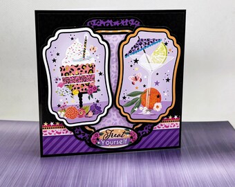 Treat Yourself Birthday Card | Luxury Handmade Birthday Card | Cocktail & Cake Card | Female Birthday Card | 6 x 6 Greeting Card