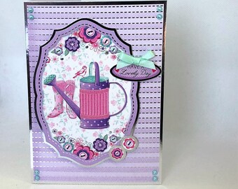 Have a Lovely Day - handmade greetings card with pretty watering can and wellies image, ladies gardening card, Code: LB30