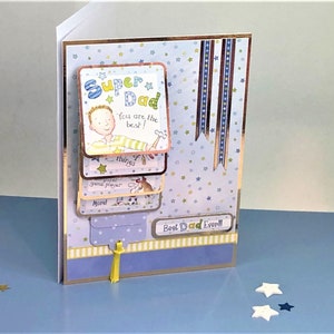 Super papa - carte de voeux mécanique faite main pour la fête des pères ou l'anniversaire de papa. Carte 3D « cascade » mobile et coulissante - thème Meilleur papa.