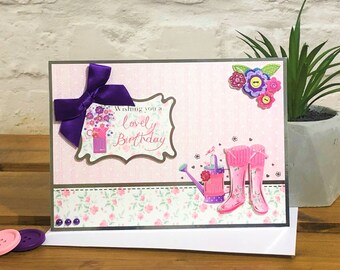 Wishing You a Lovely Birthday - handmade greetings card with pretty watering can and wellies images, ladies gardening card, Code: LB29