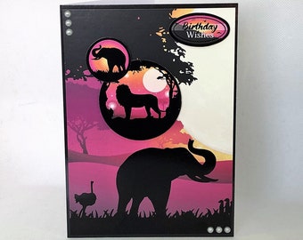 Birthday Wishes - Handmade greetings card with safari animals images, wild animal card, safari card, jungle card, elephant, lion, Code: SA04