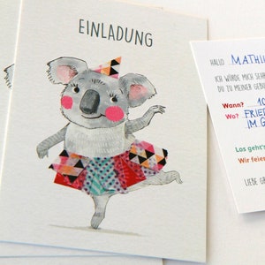 Einladungen zum Kindergeburtstag "Koala", 5 Karten oder mehr, Text-Vordruck auf der Rückseite