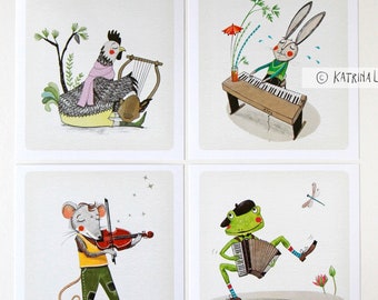 Set of 4 Prints "Music-making animals"