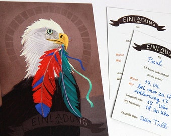 Einladungen zum Geburtstag "Adler", Postkarten mit Text-Vordruck auf der Rückseite, kleiner Rechtschreibfehler auf der Rückseite