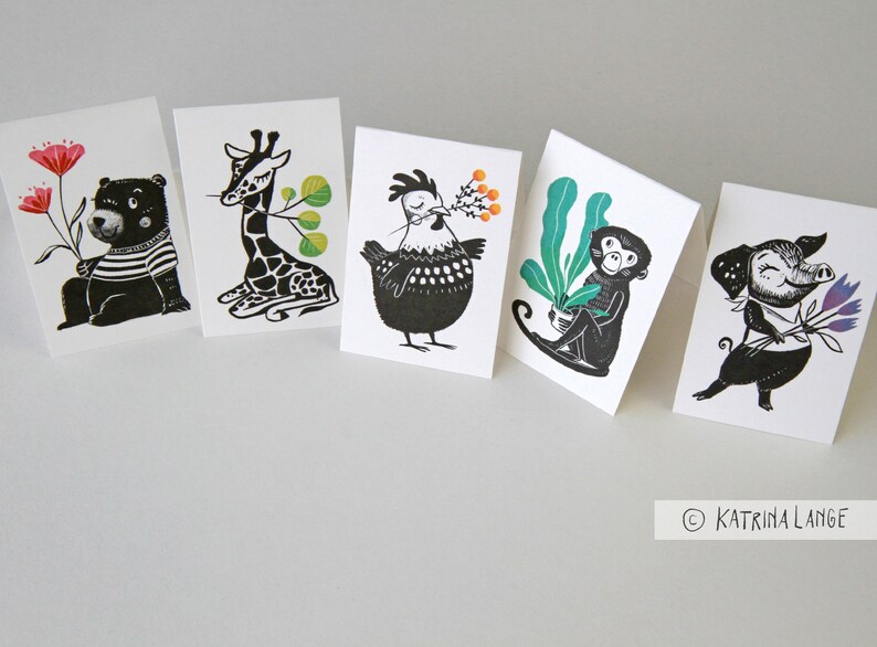 Mini Grußkarten, 6 Motive, Naturkarton, illustrierte Klappkarten, Aufsteller, innen leer Bild 5