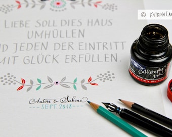German house blessing with calligraphed names of your choice