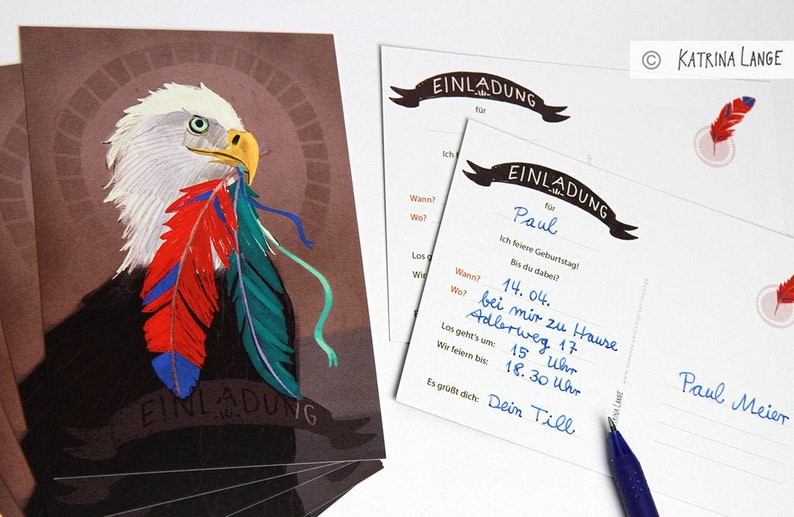 Adler birthday invitations, postcards with pre-printed text on the back, small spelling mistake on the back image 1