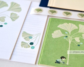 Stationery set "Ginkgo" incl. letterheads, cardboard cards, envelopes, stickers, beautiful illustrated