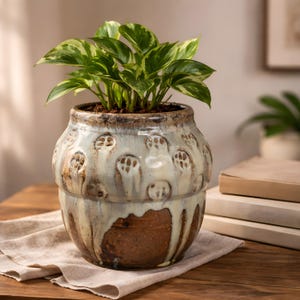 ヴィンテージ風スタジオ陶器プランター｜釉薬が垂れたセラミック鉢｜素朴なボヘミアン風プラントホルダー｜手作りの素朴な花瓶｜ニュートラルなホームデコレーション