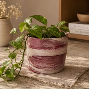 Signed Studio Pottery Planter | Burgundy Swirl Ceramic Pot | Handmade Artisan Cache Pot | Cottagecore Plant Decor
