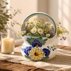 May include: A white ceramic basket with a handle, hand-painted with blue, yellow, and green floral motifs, filled with a bouquet of white daisies, yellow wildflowers, and small purple blossoms, positioned next to a glass candle holder.
