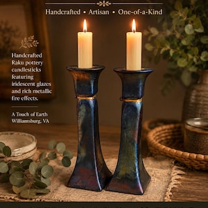 Vintage Raku Pottery Candlesticks Pair | A Touch of Earth Williamsburg VA | Handcrafted American Studio Pottery | Iridescent Blue Copper Dec