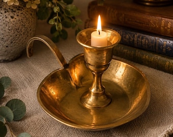Vintage Solid Brass Heart Chamberstick Candle Holder • Made in India • Romantic Cottage Decor • Finger Loop Candlestick • Farmhouse Brass De