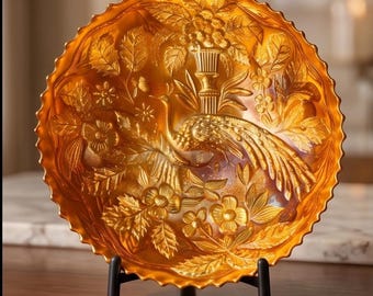 Vintage Amber Carnival Glass Peacock Plate – Indiana Glass Style – Iridescent Marigold Pressed Glass – Decorative Display Dish