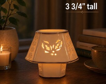 Vintage Holly Tea Light Holder, Ivory Ceramic Luminary with Gold Trim, Cozy Cottage  Decor, Small Accent Lamp