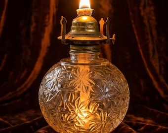 Vintage Glass Oil Lamp with Floral Etched Globe, Brass Burner, Romantic Cottage Lighting Decor