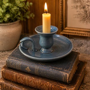 May include: A blue ceramic candle holder with a curved handle and a wide circular base, holding a single lit cream-colored taper candle. The candle holder features a glossy finish and a central socket designed to secure the candle upright.