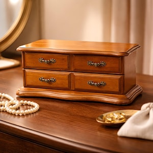 Beautiful wooden jewelry box with multiple drawers and top storage compartment. Classic vintage-style design with decorative handles