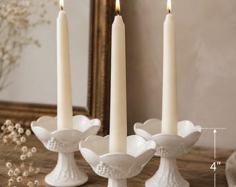 Vintage Milk Glass Taper Candle Holders Set of 3 | Cottage Farmhouse Candleholders | Scalloped Pedestal Candle Stands | Romantic White Decor