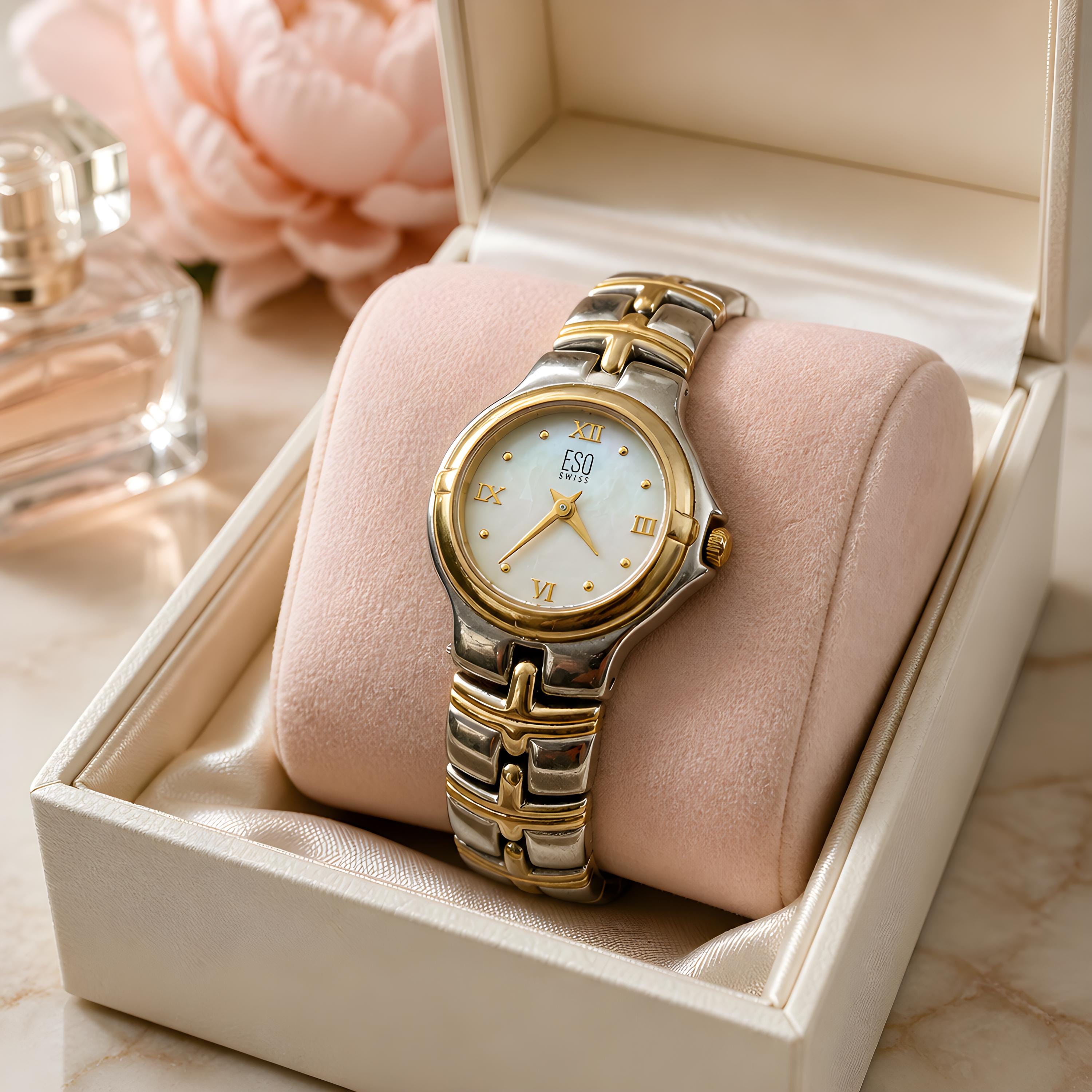 Womens ESQ by Movado Gold Plated Watch Mother of Pearl Dainty Dress New Battery ESQ by Movado Ladies Gold and Silver Quartz Watch Mother of  main image 4