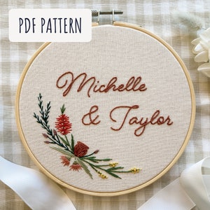 Customised anniversary or wedding embroidery hoop pattern with Australian native flowers, beginner friendly