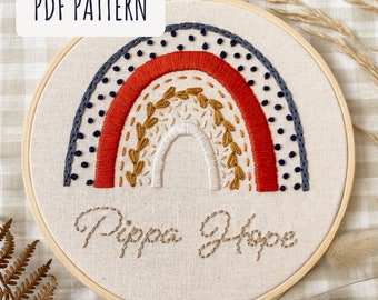 Beginner boho rainbow PDF embroidery pattern with custom name or quote