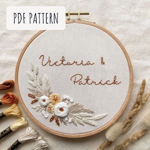 Customised anniversary or wedding embroidery hoop pattern, beginner friendly boho floral pdf pattern