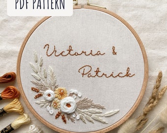 Customised anniversary or wedding embroidery hoop pattern, beginner friendly boho floral pdf pattern