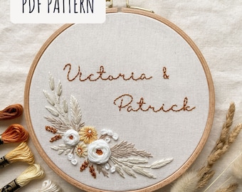 Aangepast borduurringpatroon verjaardag of bruiloft, beginnersvriendelijk boho bloemen pdf-patroon